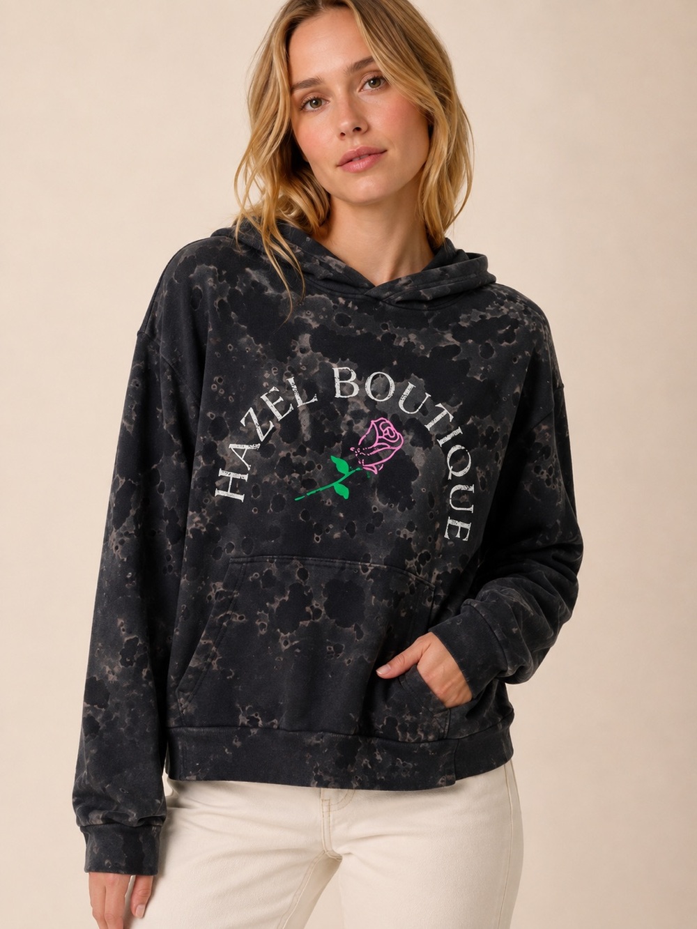 hazel Black Tie-Dye Pullover with Rose Graphic